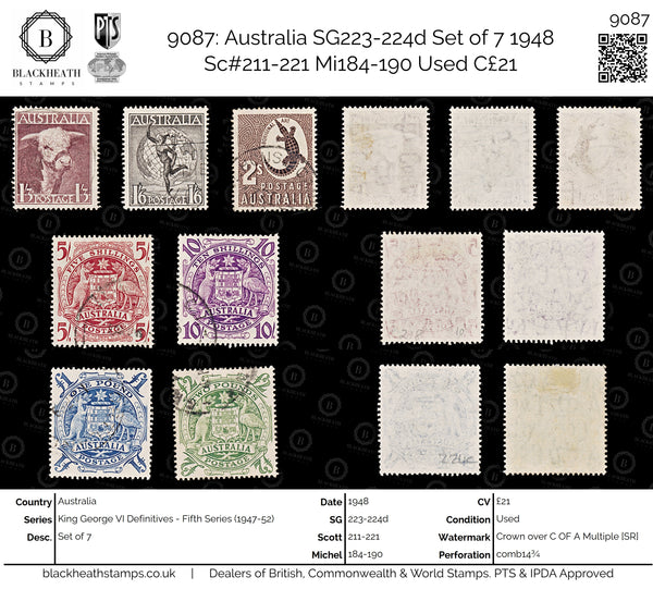 9087: Australia SG223-224d Set of 7 1948 Sc#211-221 Mi184-190 Used C£21