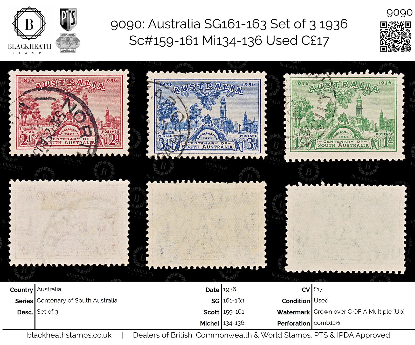 9090: Australia SG161-163 Set of 3 1936 Sc#159-161 Mi134-136 Used C£17