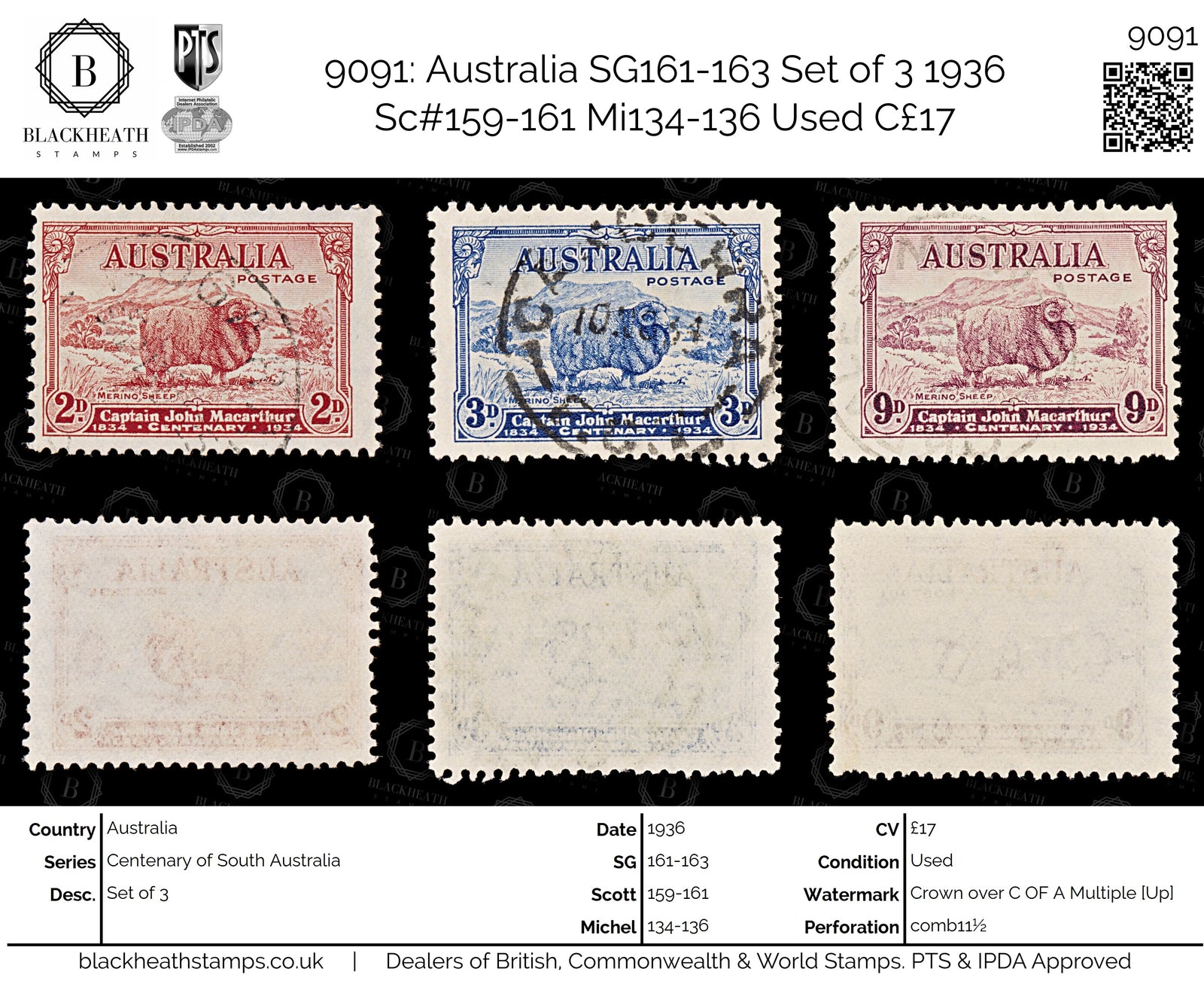 9091: Australia SG161-163 Set of 3 1936 Sc#159-161 Mi134-136 Used C£17
