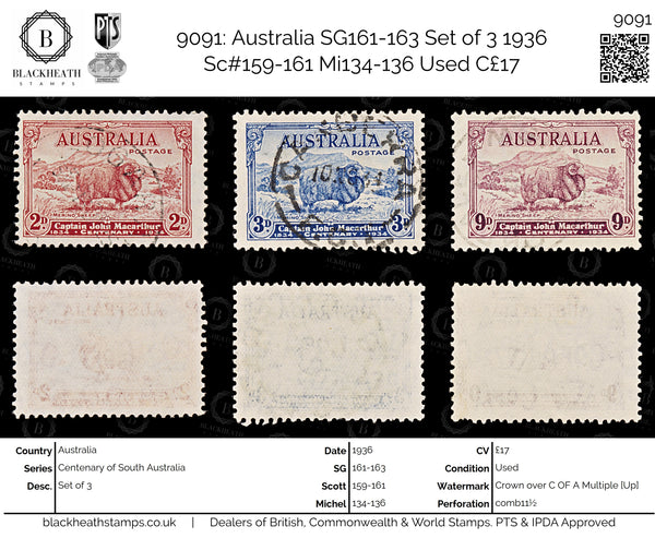 9091: Australia SG161-163 Set of 3 1936 Sc#159-161 Mi134-136 Used C£17