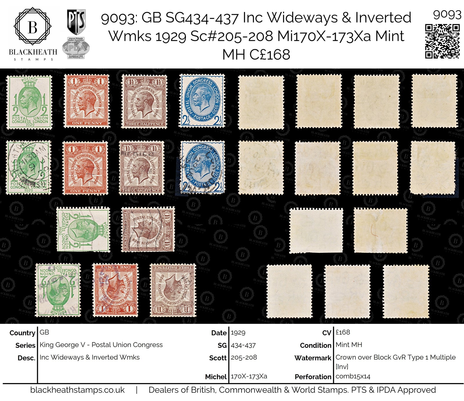 9093: GB SG434-437 Inc Wideways & Inverted Wmks 1929 Sc#205-208 Mi170X-173Xa Mint MH C£168