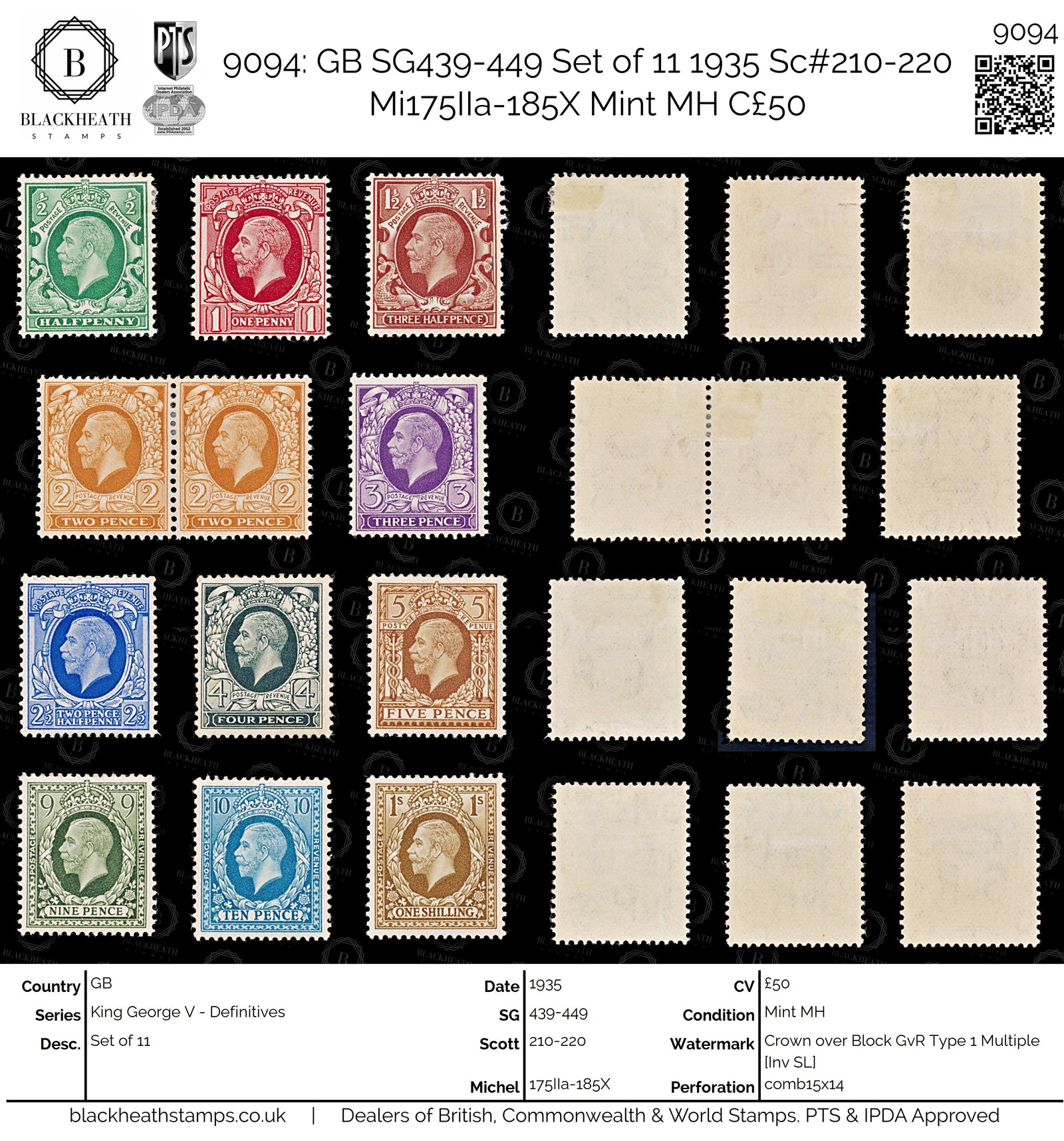 9094: GB SG439-449 Set of 11 1935 Sc#210-220 Mi175IIa-185X Mint MH C£50