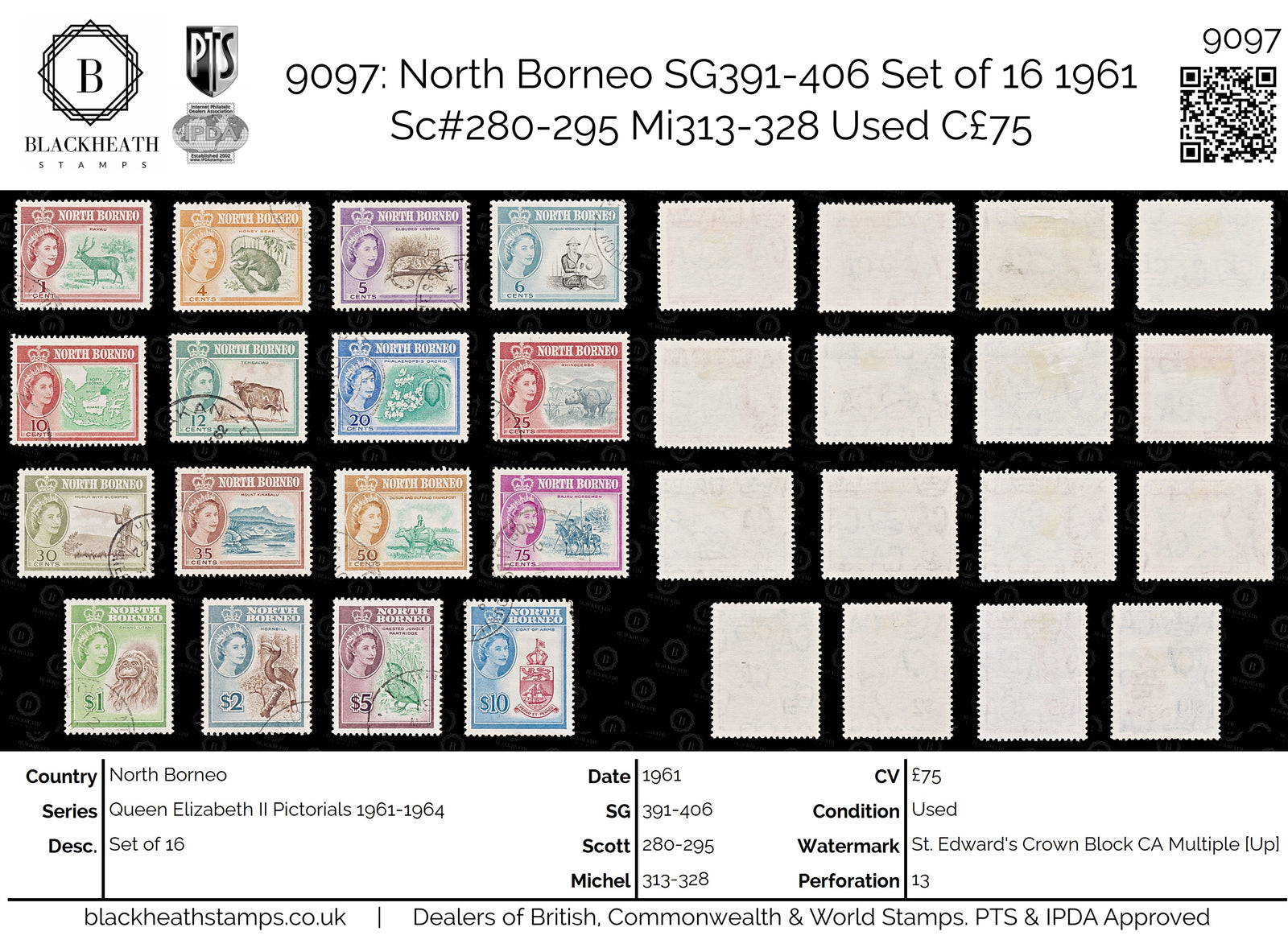 9097: North Borneo SG391-406 Set of 16 1961 Sc#280-295 Mi313-328 Used C£75