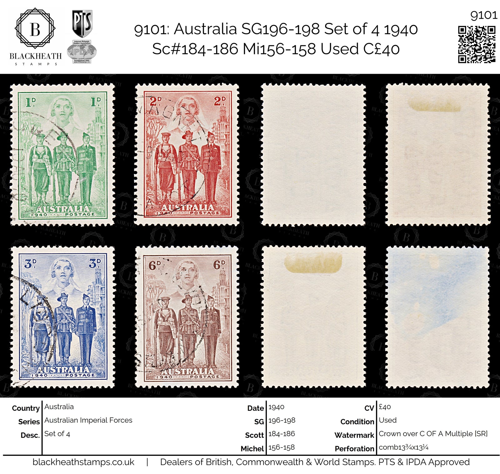 9101: Australia SG196-198 Set of 4 1940 Sc#184-186 Mi156-158 Used C£40