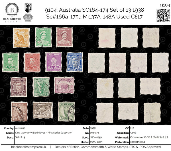 9104: Australia SG164-174 Set of 13 1938 Sc#166a-175a Mi137A-148A Used C£17