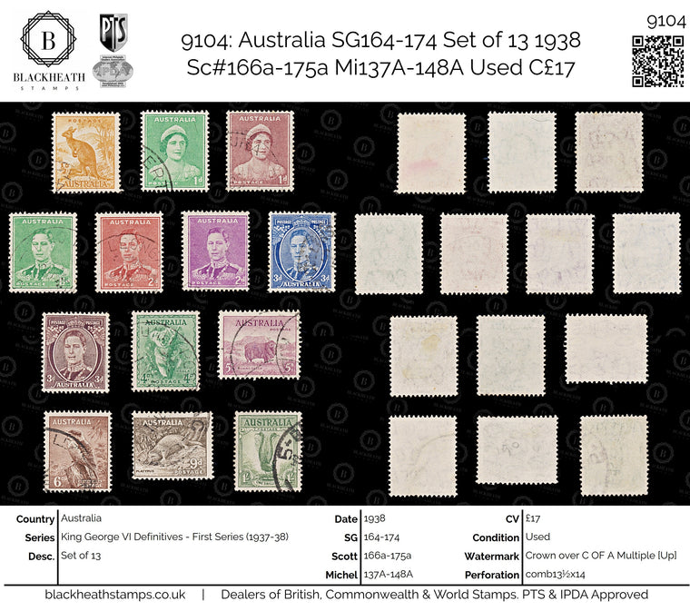9104: Australia SG164-174 Set of 13 1938 Sc#166a-175a Mi137A-148A Used C£17, image 1
