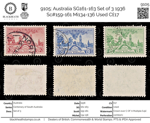 9105: Australia SG161-163 Set of 3 1936 Sc#159-161 Mi134-136 Used C£17