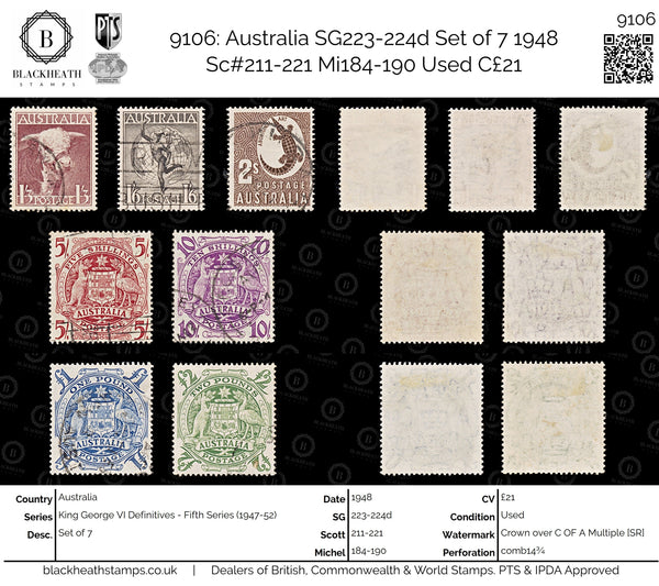 9106: Australia SG223-224d Set of 7 1948 Sc#211-221 Mi184-190 Used C£21