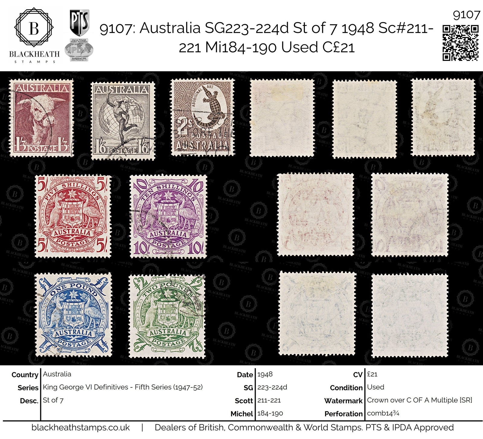 9107: Australia SG223-224d St of 7 1948 Sc#211-221 Mi184-190 Used C£21