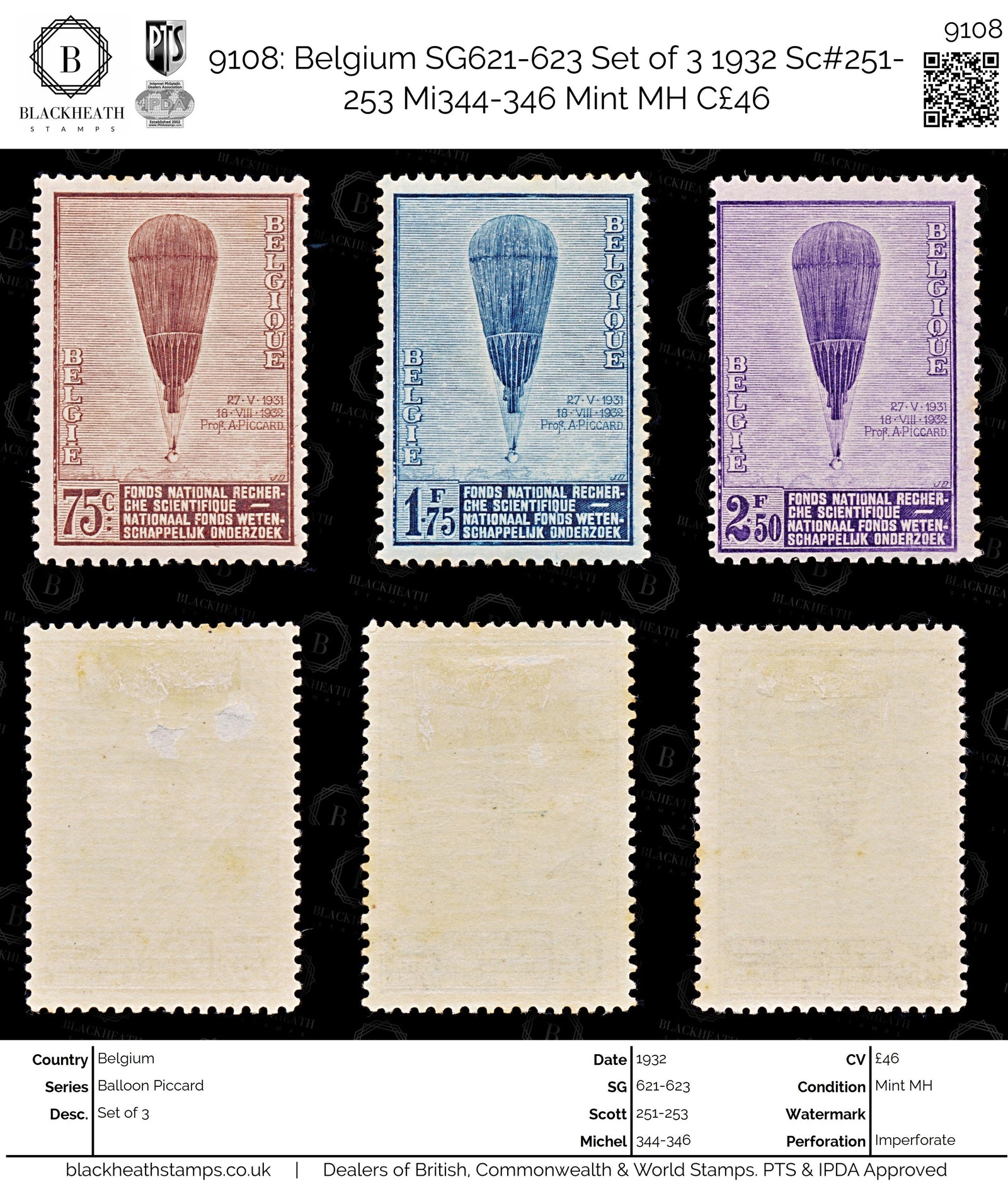 9108: Belgium SG621-623 Set of 3 1932 Sc#251-253 Mi344-346 Mint MH C£46