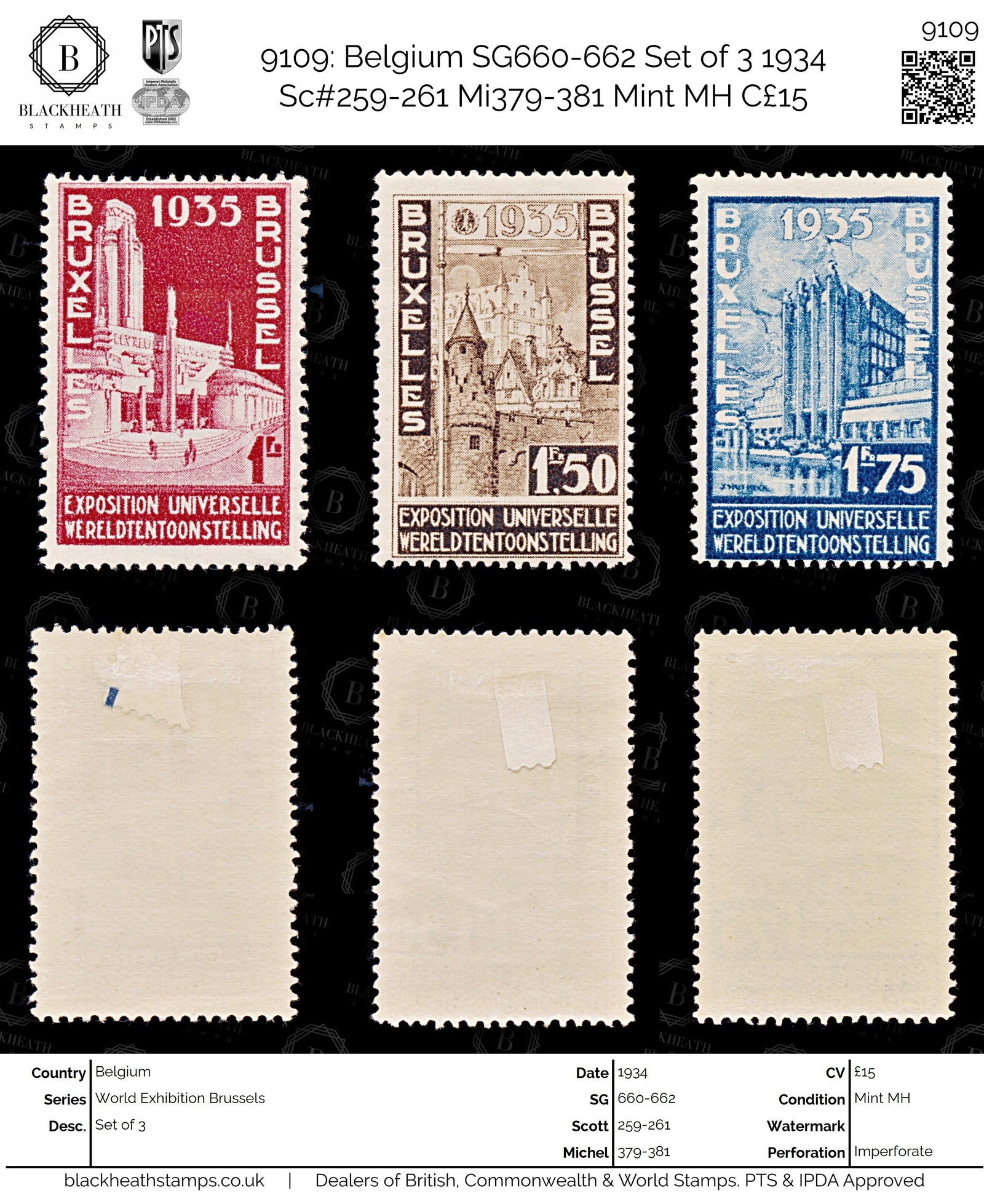 9109: Belgium SG660-662 Set of 3 1934 Sc#259-261 Mi379-381 Mint MH C£15