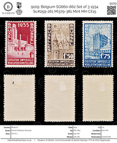 9109: Belgium SG660-662 Set of 3 1934 Sc#259-261 Mi379-381 Mint MH C£15, view 1