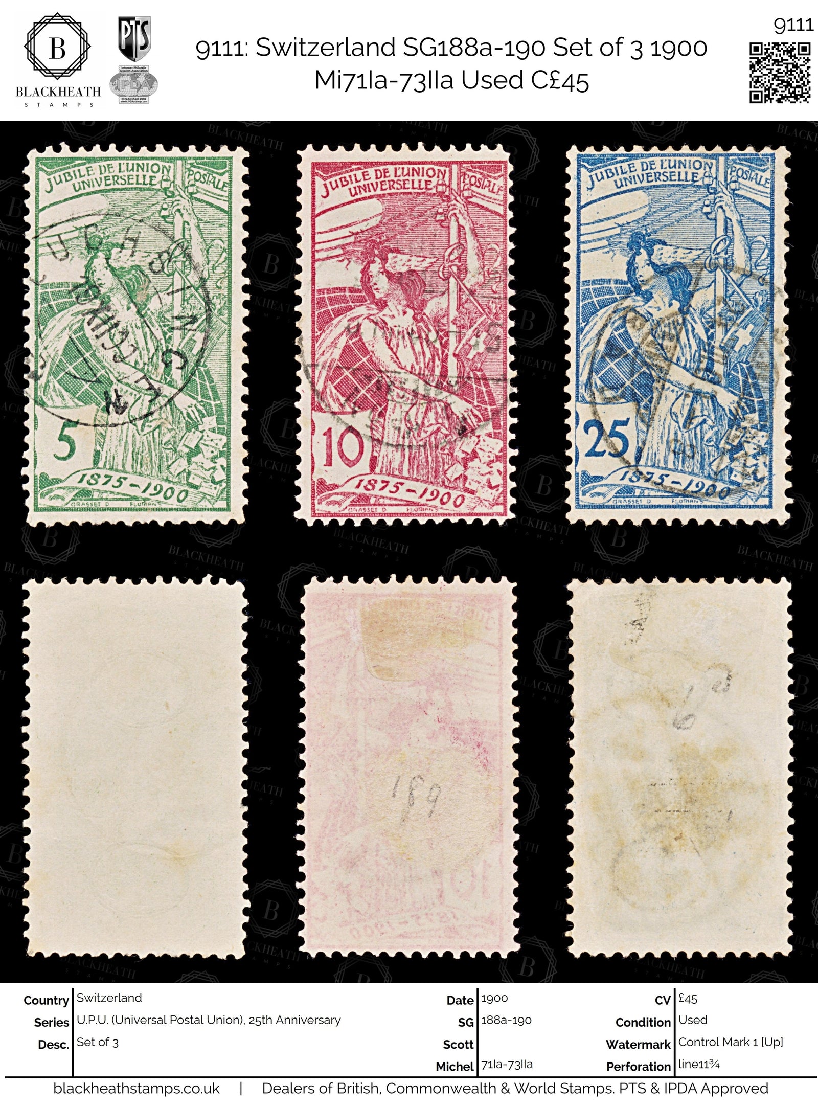 9111: Switzerland SG188a-190 Set of 3 1900 Mi71Ia-73IIa Used C£45