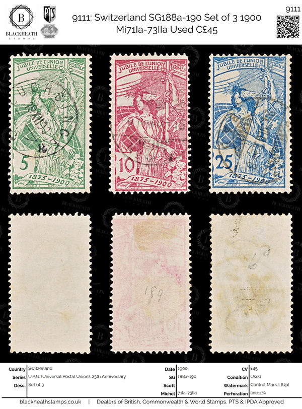 9111: Switzerland SG188a-190 Set of 3 1900 Mi71Ia-73IIa Used C£45