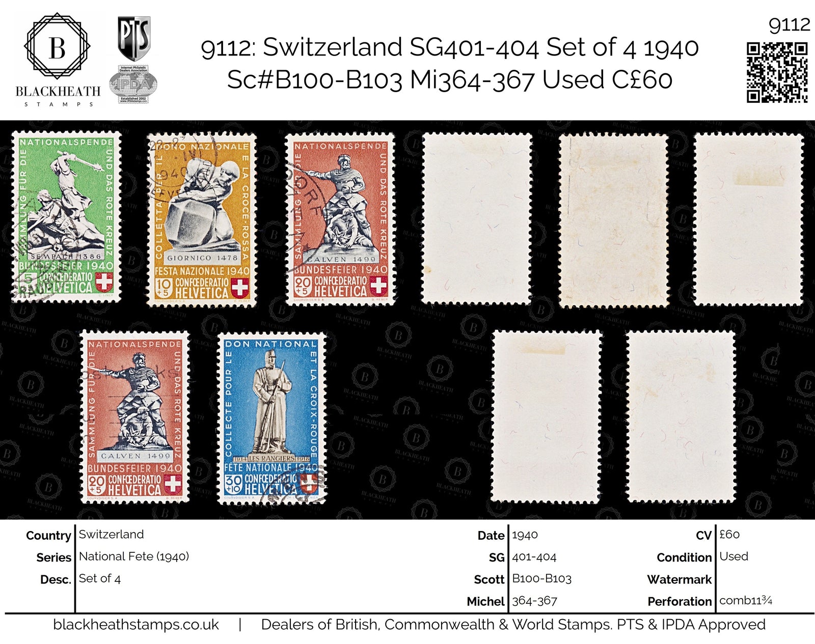 9112: Switzerland SG401-404 Set of 4 1940 Sc#B100-B103 Mi364-367 Used C£60