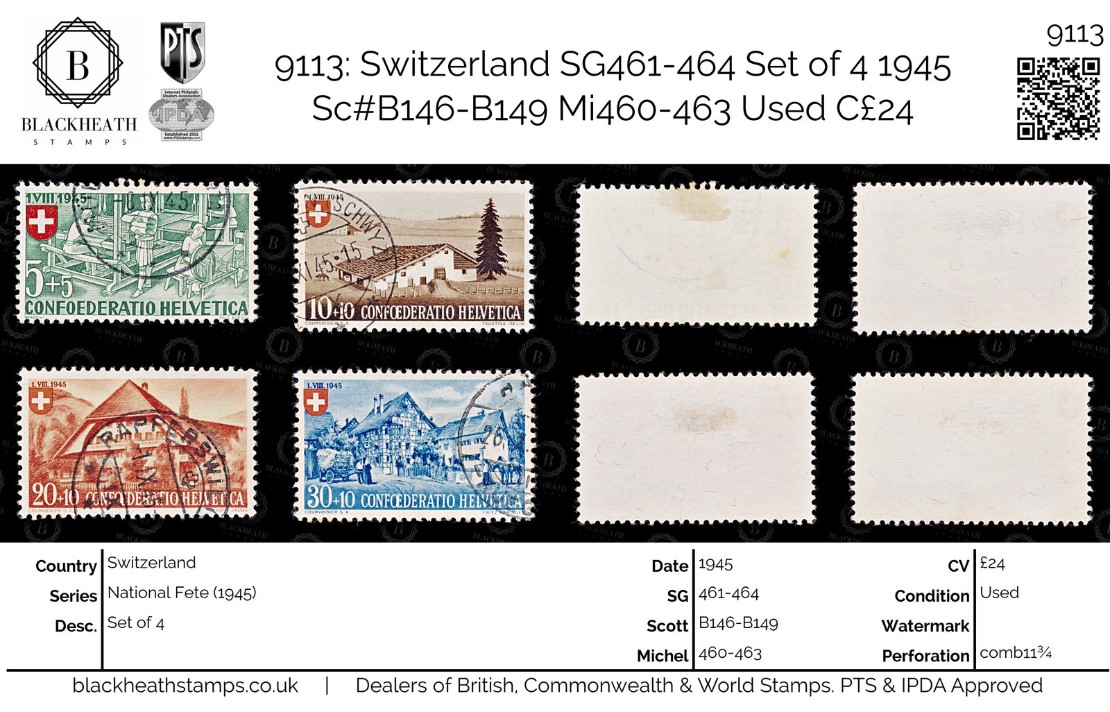 9113: Switzerland SG461-464 Set of 4 1945 Sc#B146-B149 Mi460-463 Used C£24
