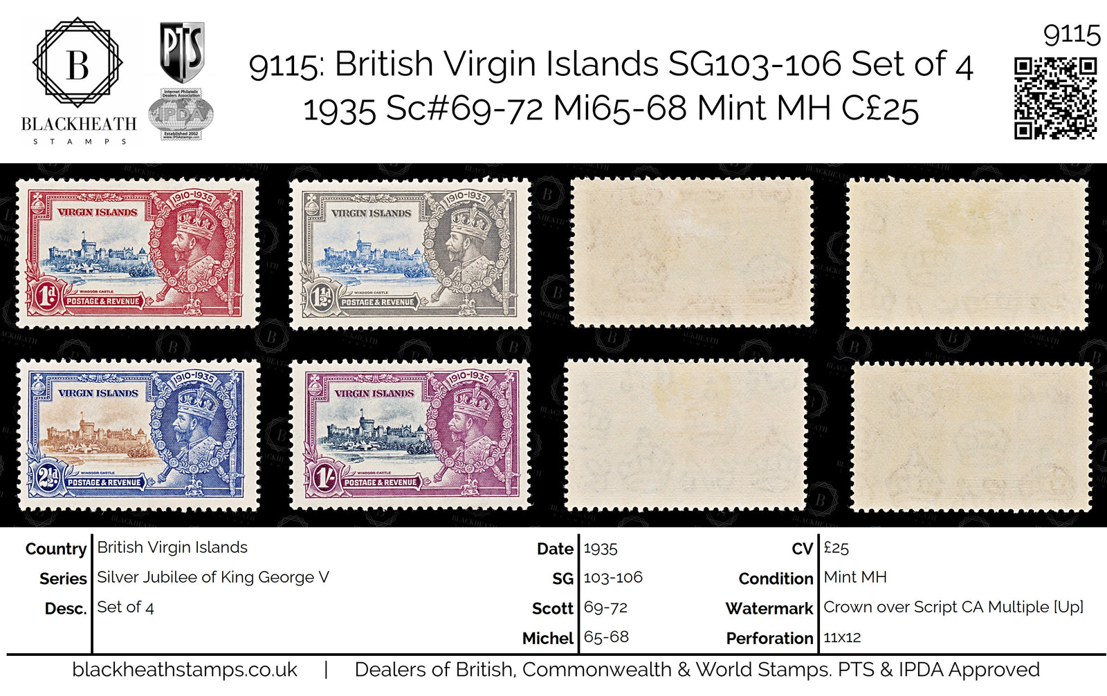 9115: British Virgin Islands SG103-106 Set of 4 1935 Sc#69-72 Mi65-68 Mint MH C£25