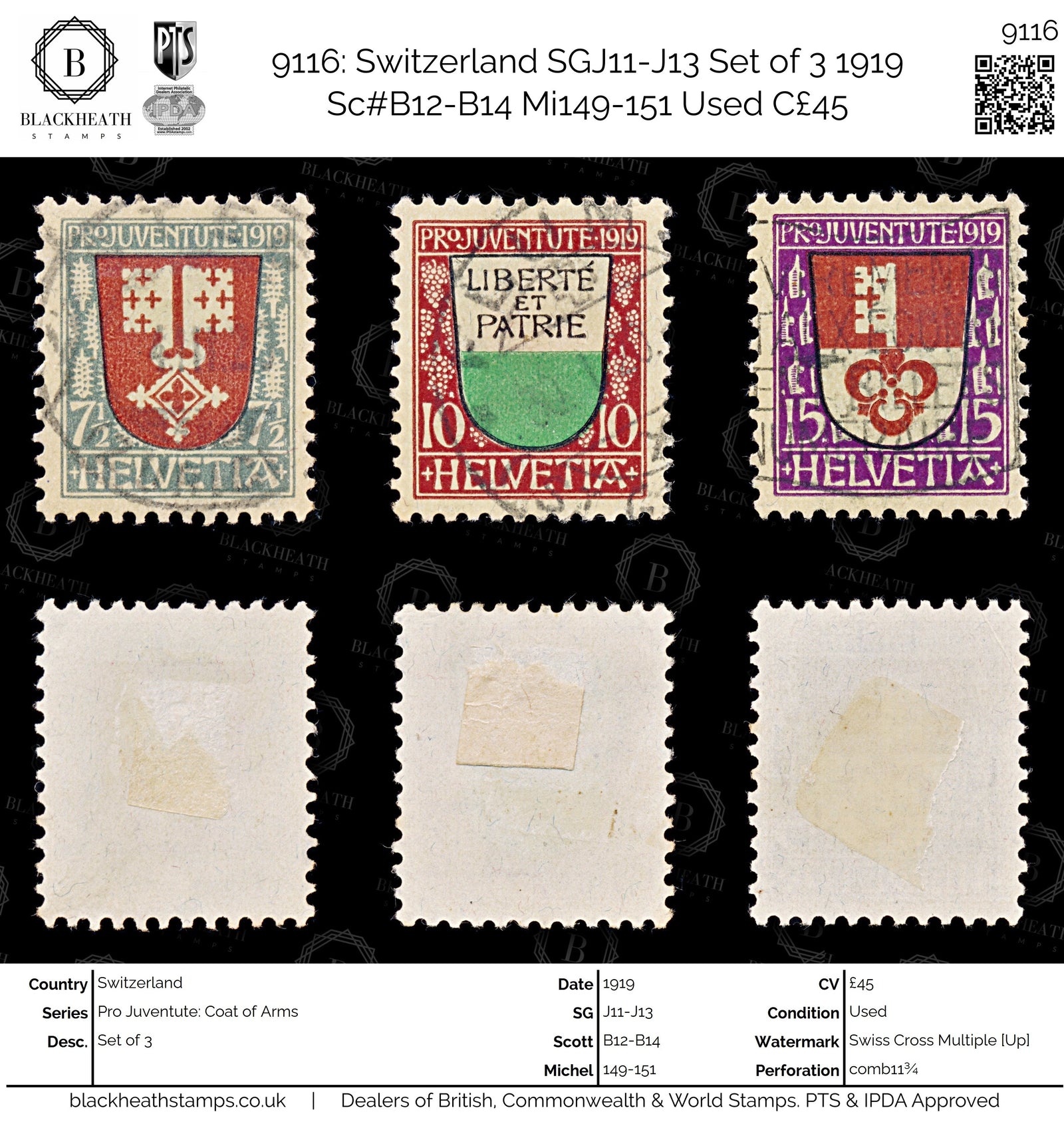 9116: Switzerland SGJ11-J13 Set of 3 1919 Sc#B12-B14 Mi149-151 Used C£45