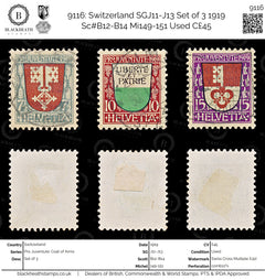9116: Switzerland SGJ11-J13 Set of 3 1919 Sc#B12-B14 Mi149-151 Used C£45, view 1