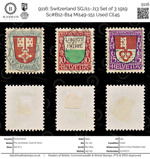 9116: Switzerland SGJ11-J13 Set of 3 1919 Sc#B12-B14 Mi149-151 Used C£45