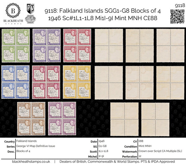 9118: Falkland Islands SGG1-G8 Blocks of 4 1946 Sc#1L1-1L8 Mi1I-9I Mint MNH C£88
