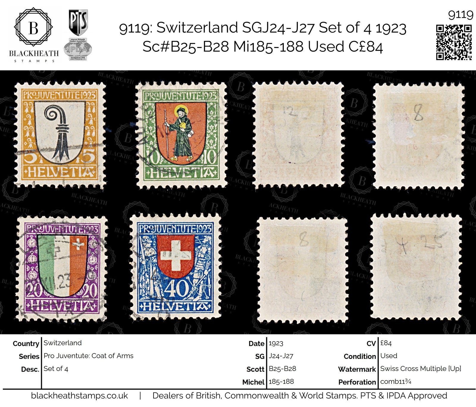 9119: Switzerland SGJ24-J27 Set of 4 1923 Sc#B25-B28 Mi185-188 Used C£84
