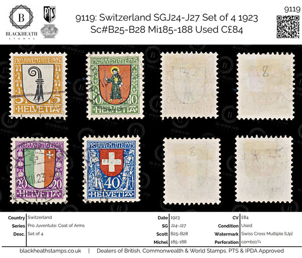 9119: Switzerland SGJ24-J27 Set of 4 1923 Sc#B25-B28 Mi185-188 Used C£84