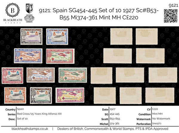 9121: Spain SG454-445 Set of 10 1927 Sc#B53-B55 Mi374-361 Mint MH C£220