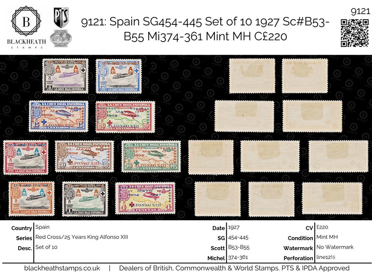9121: Spain SG454-445 Set of 10 1927 Sc#B53-B55 Mi374-361 Mint MH C£220, image 1