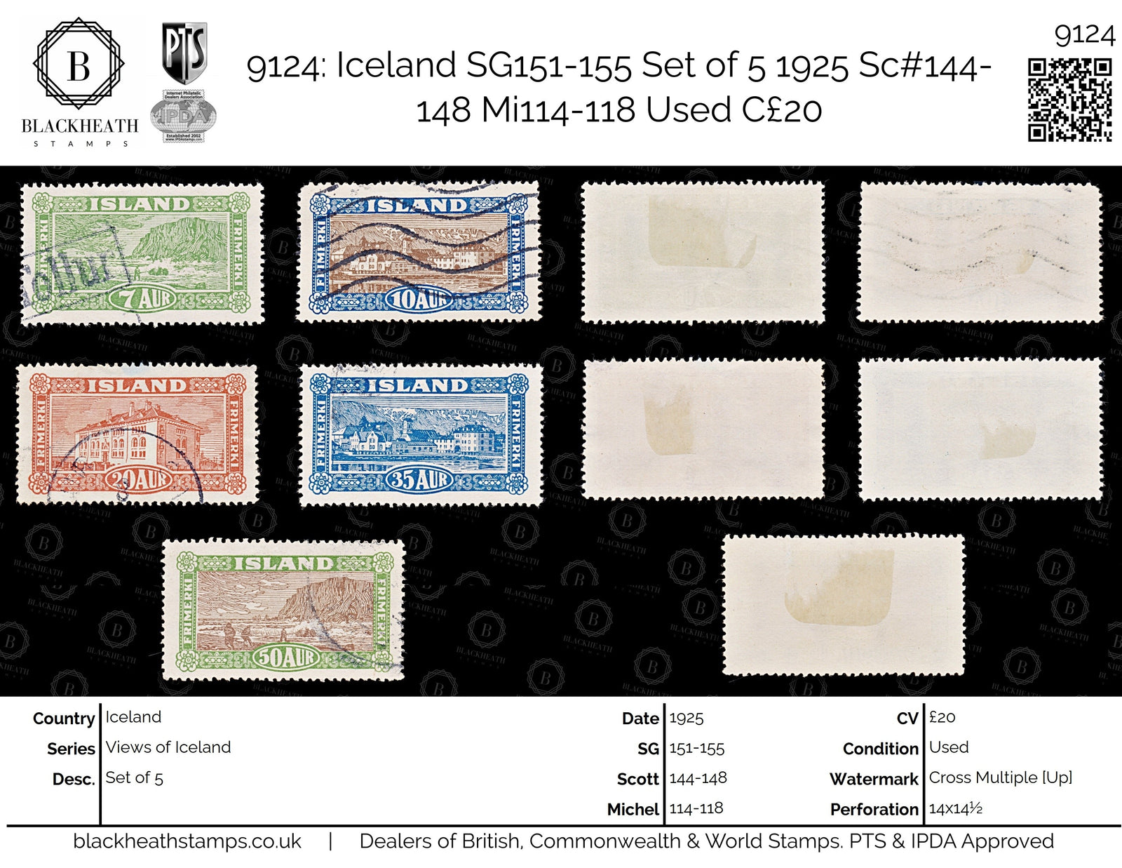 9124: Iceland SG151-155 Set of 5 1925 Sc#144-148 Mi114-118 Used C£20
