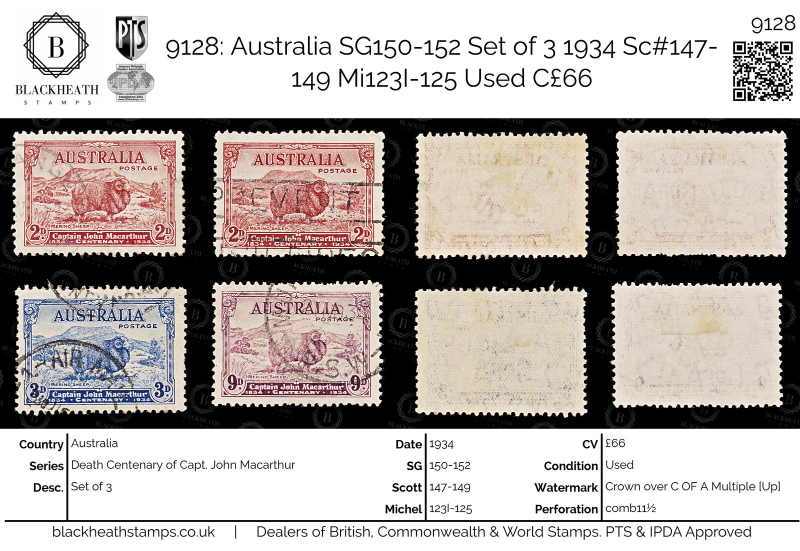 9128: Australia SG150-152 Set of 3 1934 Sc#147-149 Mi123I-125 Used C£66