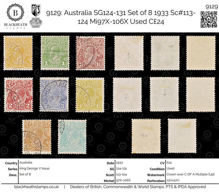 9129: Australia SG124-131 Set of 8 1933 Sc#113-124 Mi97X-106X Used C£24, image 1