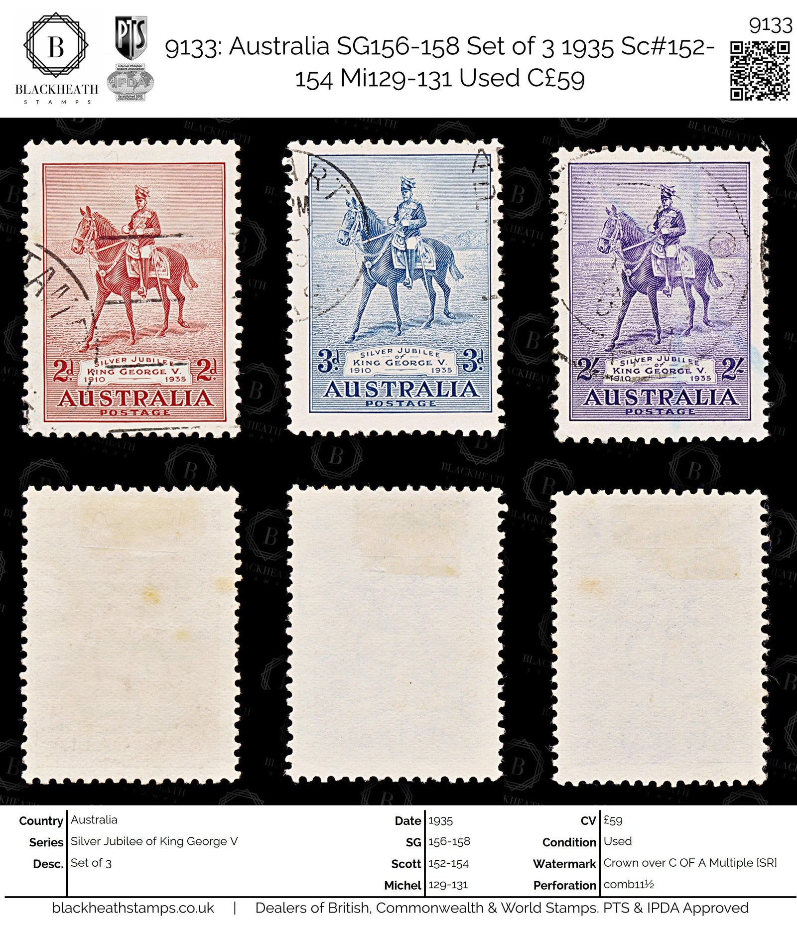 9133: Australia SG156-158 Set of 3 1935 Sc#152-154 Mi129-131 Used C£59