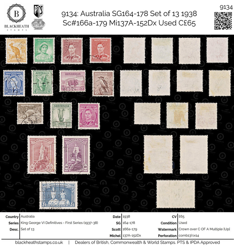 9134: Australia SG164-178 Set of 13 1938 Sc#166a-179 Mi137A-152Dx Used C£65, image 1