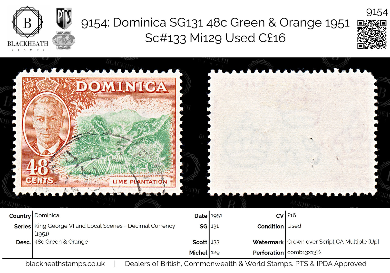 9154: Dominica SG131 48c Green &  Orange 1951 Sc#133 Mi129 Used C£16