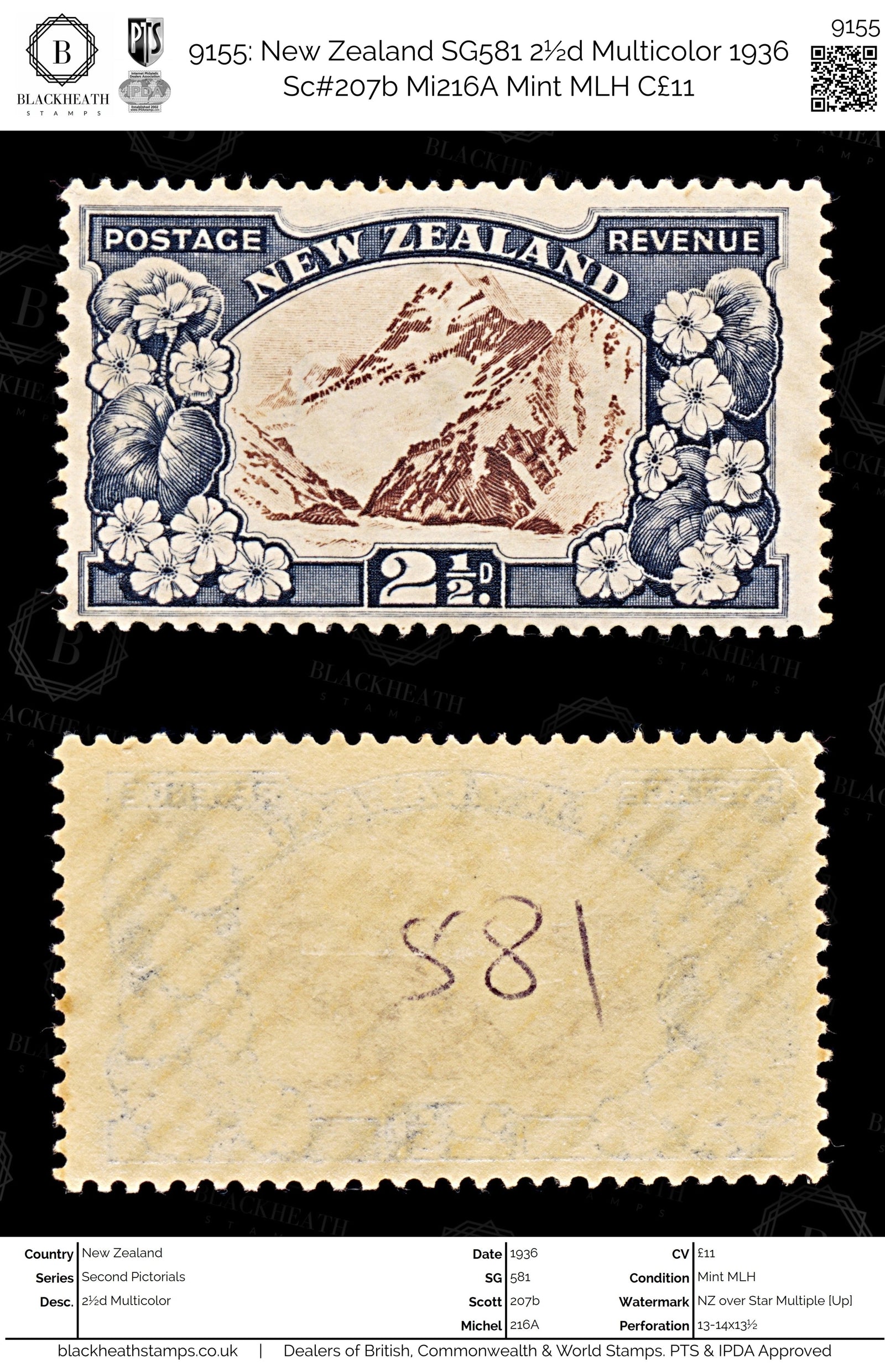 9155: New Zealand SG581 2½d Multicolor 1936 Sc#207b Mi216A Mint MLH C£11