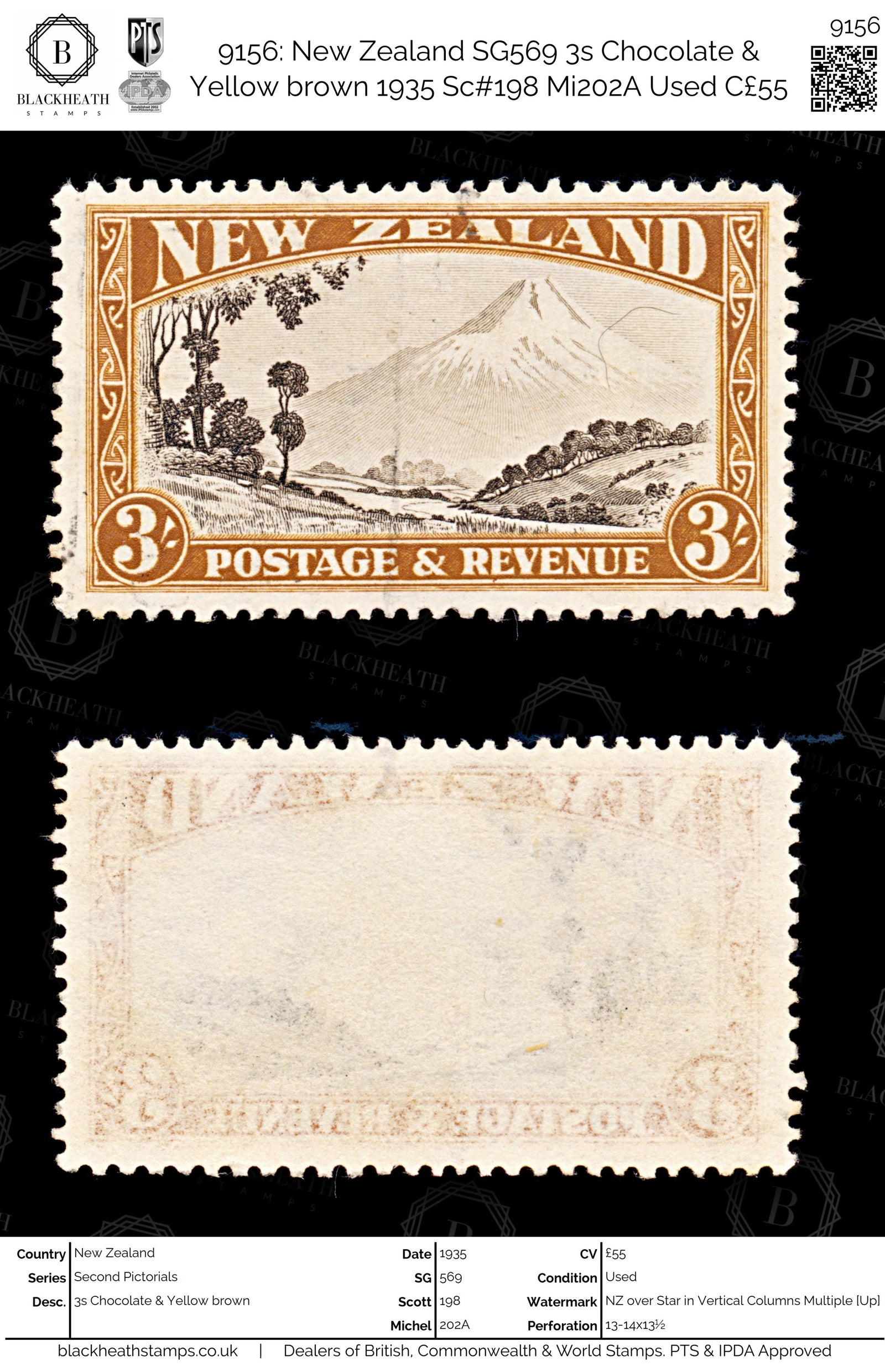 9156: New Zealand SG569 3s Chocolate &  Yellow brown 1935 Sc#198 Mi202A Used C£55