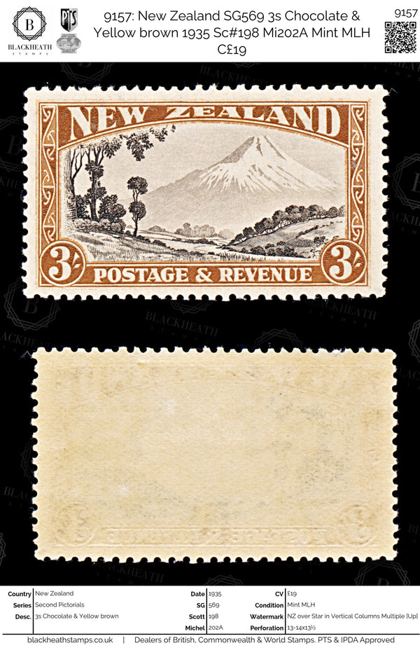 9157: New Zealand SG569 3s Chocolate &  Yellow brown 1935 Sc#198 Mi202A Mint MLH C£19