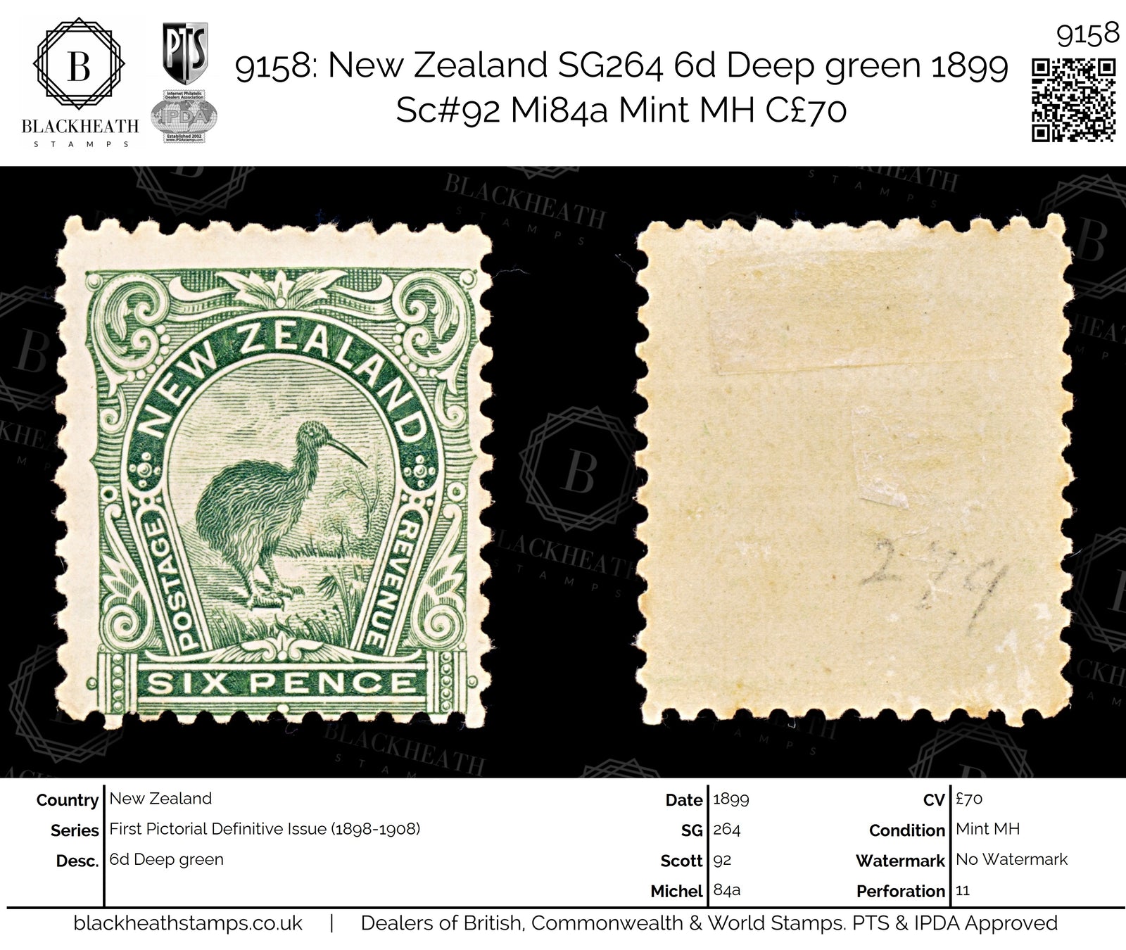 9158: New Zealand SG264 6d Deep green 1899 Sc#92 Mi84a Mint MH C£70