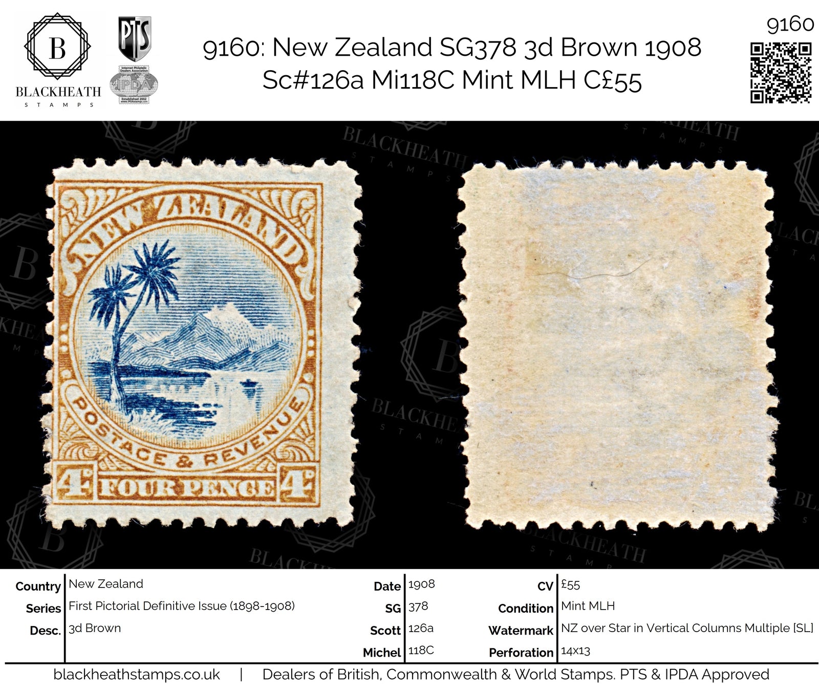 9160: New Zealand SG378 3d Brown 1908 Sc#126a Mi118C Mint MLH C£55