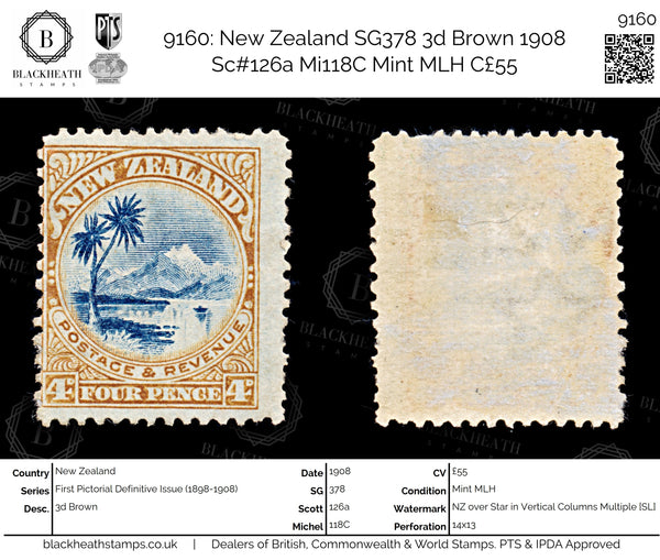 9160: New Zealand SG378 3d Brown 1908 Sc#126a Mi118C Mint MLH C£55