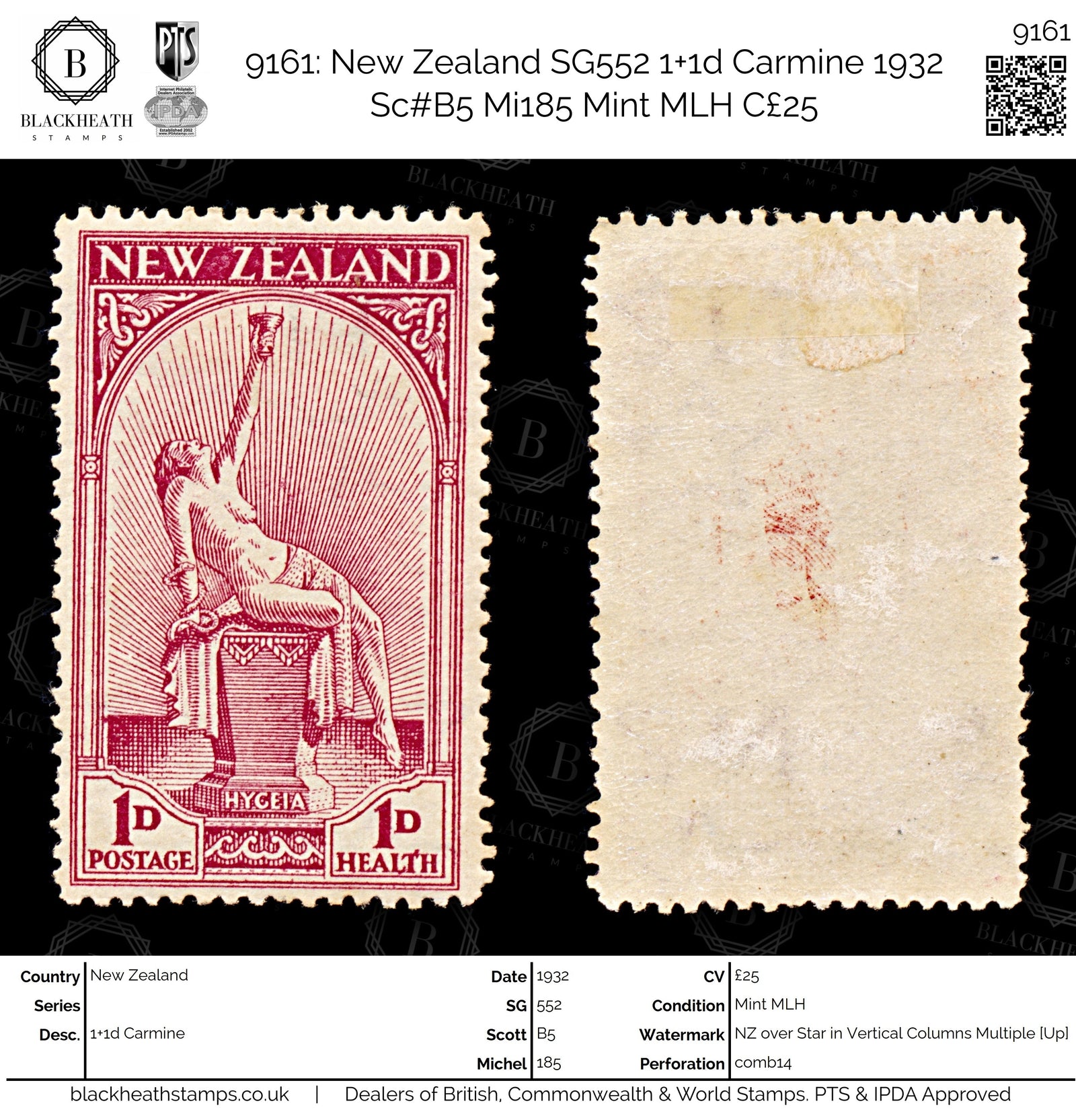 9161: New Zealand SG552 1+1d Carmine 1932 Sc#B5 Mi185 Mint MLH C£25