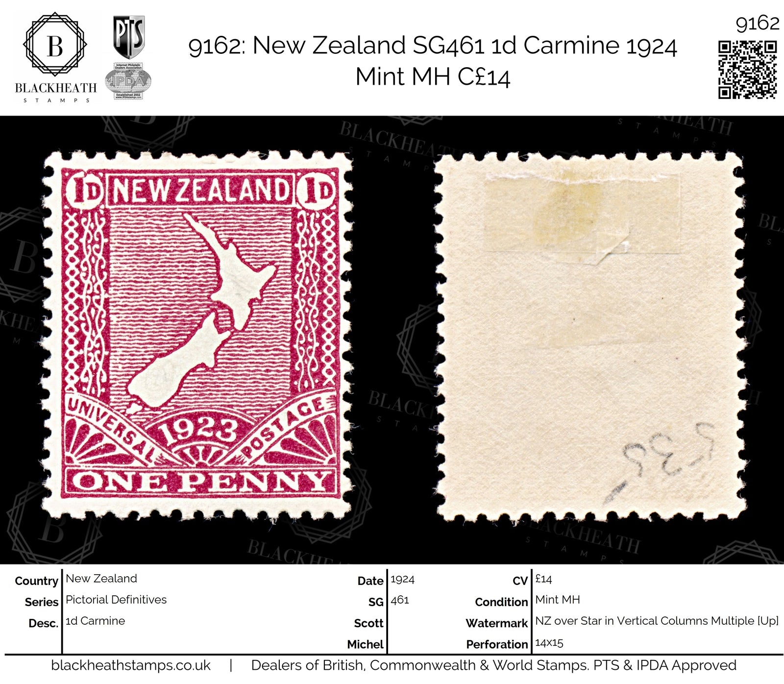 9162: New Zealand SG461 1d Carmine 1924 Mint MH C£14