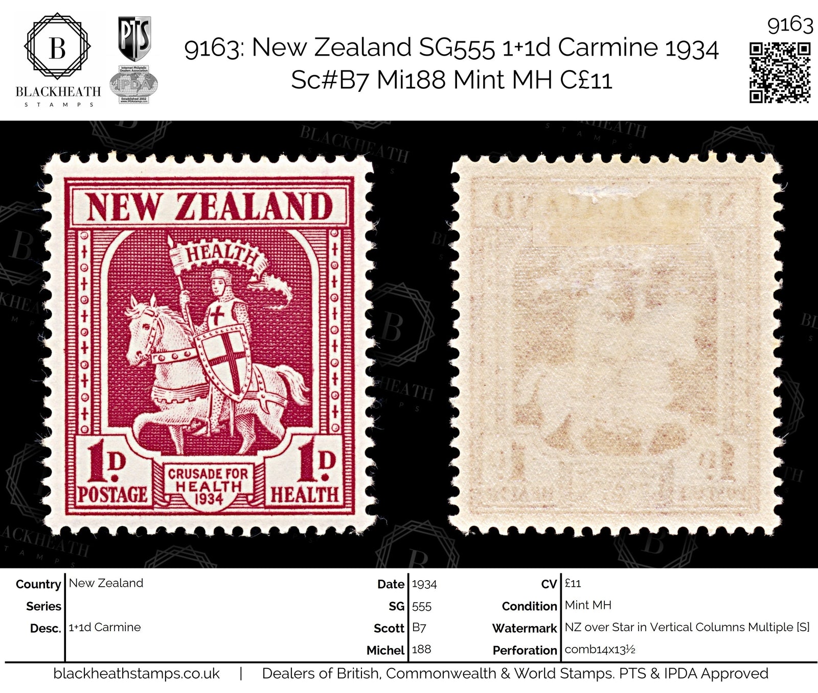9163: New Zealand SG555 1+1d Carmine 1934 Sc#B7 Mi188 Mint MH C£11