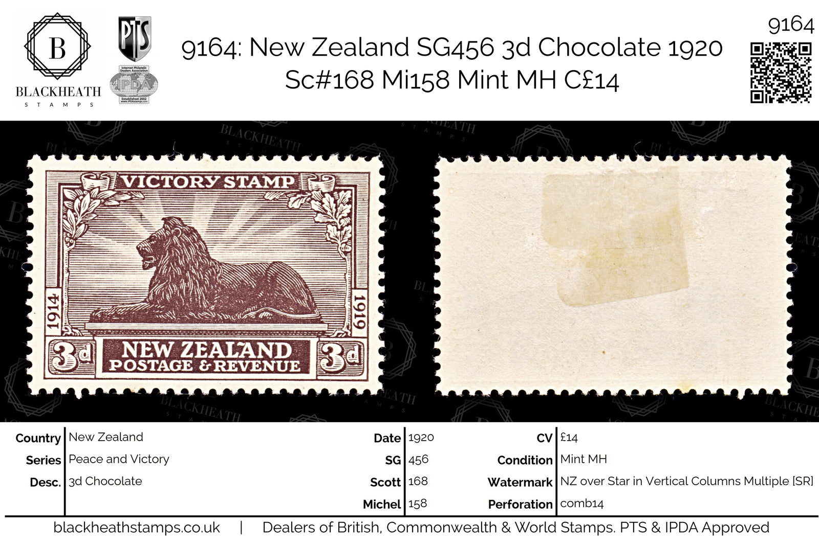 9164: New Zealand SG456 3d Chocolate 1920 Sc#168 Mi158 Mint MH C£14