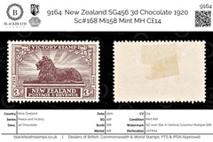 9164: New Zealand SG456 3d Chocolate 1920 Sc#168 Mi158 Mint MH C£14, view 1