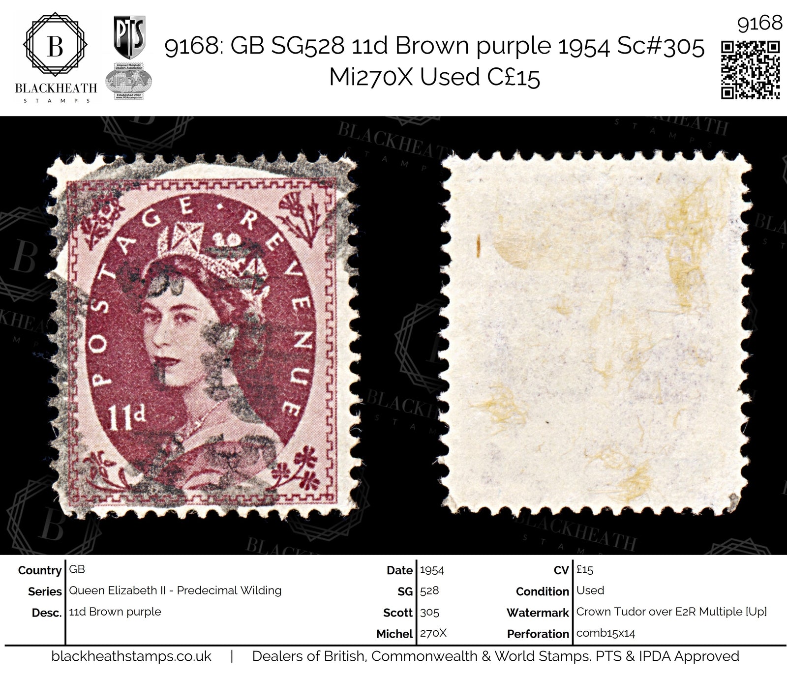 9168: GB SG528 11d Brown purple 1954 Sc#305 Mi270X Used C£15
