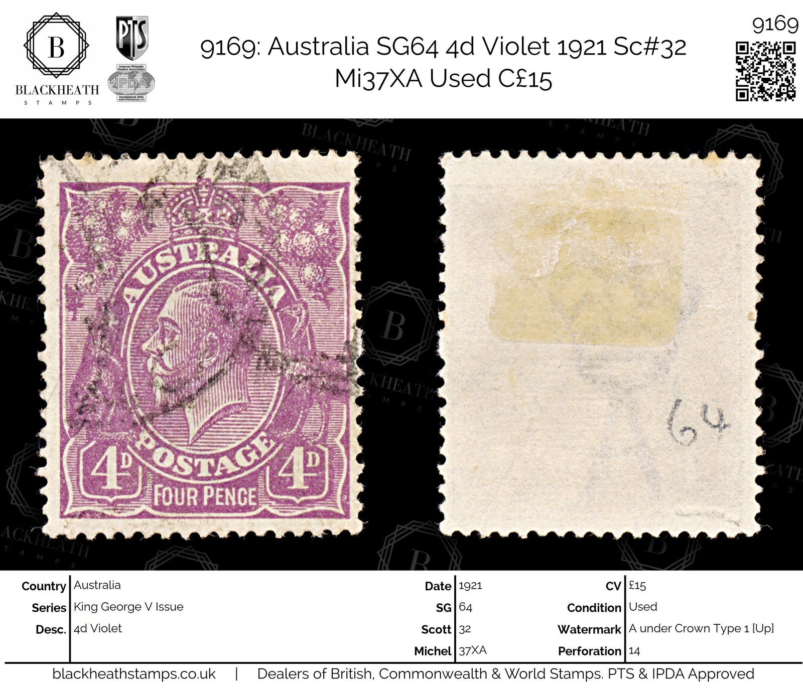 9169: Australia SG64 4d Violet 1921 Sc#32 Mi37XA Used C£15