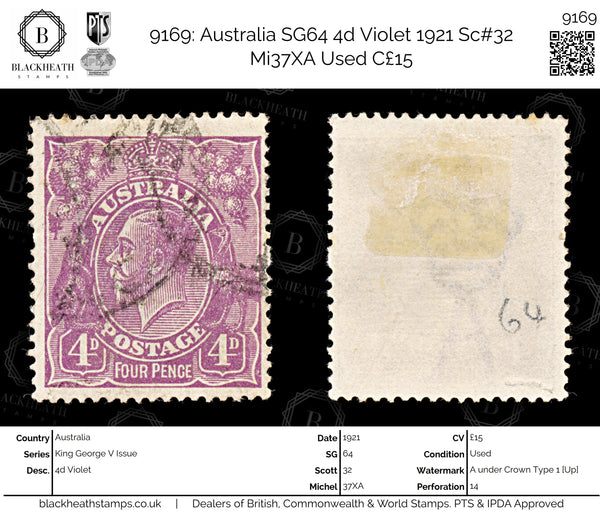 9169: Australia SG64 4d Violet 1921 Sc#32 Mi37XA Used C£15