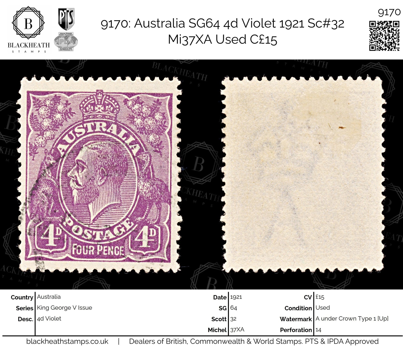 9170: Australia SG64 4d Violet 1921 Sc#32 Mi37XA Used C£15
